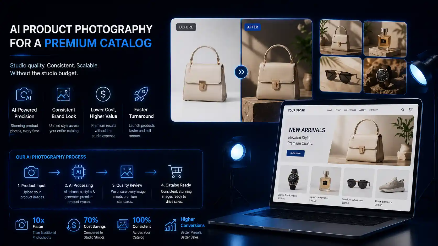 AI product photography before-and-after comparison showing a handbag upgraded to a premium studio-quality catalog image