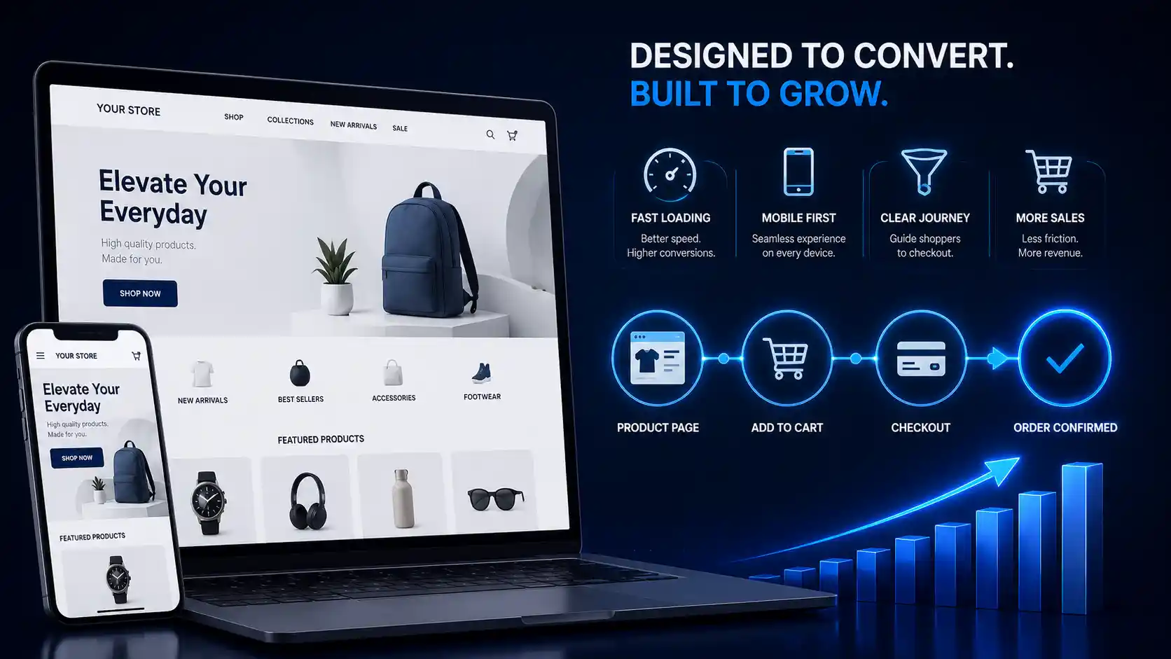 Conversion-focused e-commerce storefront design shown on a laptop, with a clean product grid and a new arrivals banner