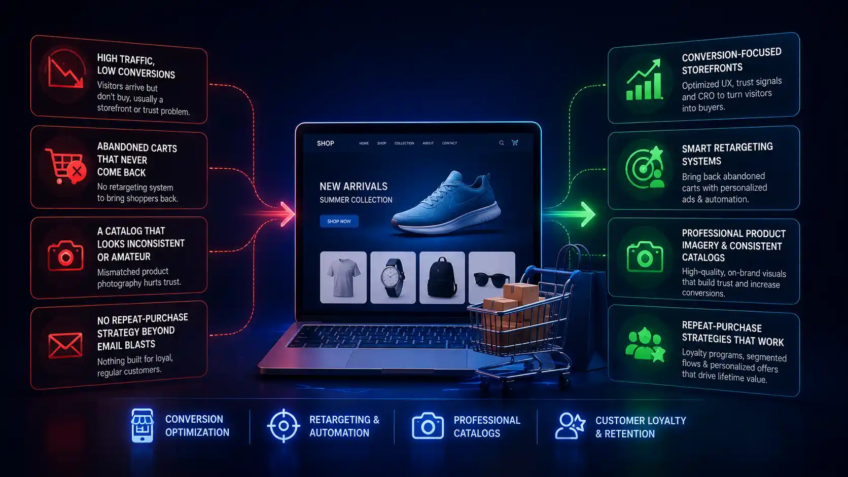 E-commerce challenges compared side by side — high traffic with low conversions, abandoned carts, inconsistent product photography and no repeat-purchase strategy on the left, matched with conversion-focused storefronts, smart retargeting, professional catalogs and customer loyalty strategies on the right