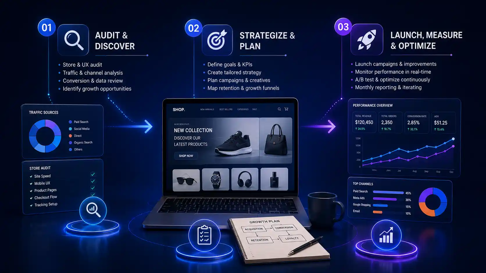 E-commerce marketing process overview reused here — showing the audit, strategy and launch stages with a live performance dashboard tracking revenue, orders, conversion rate and average order value