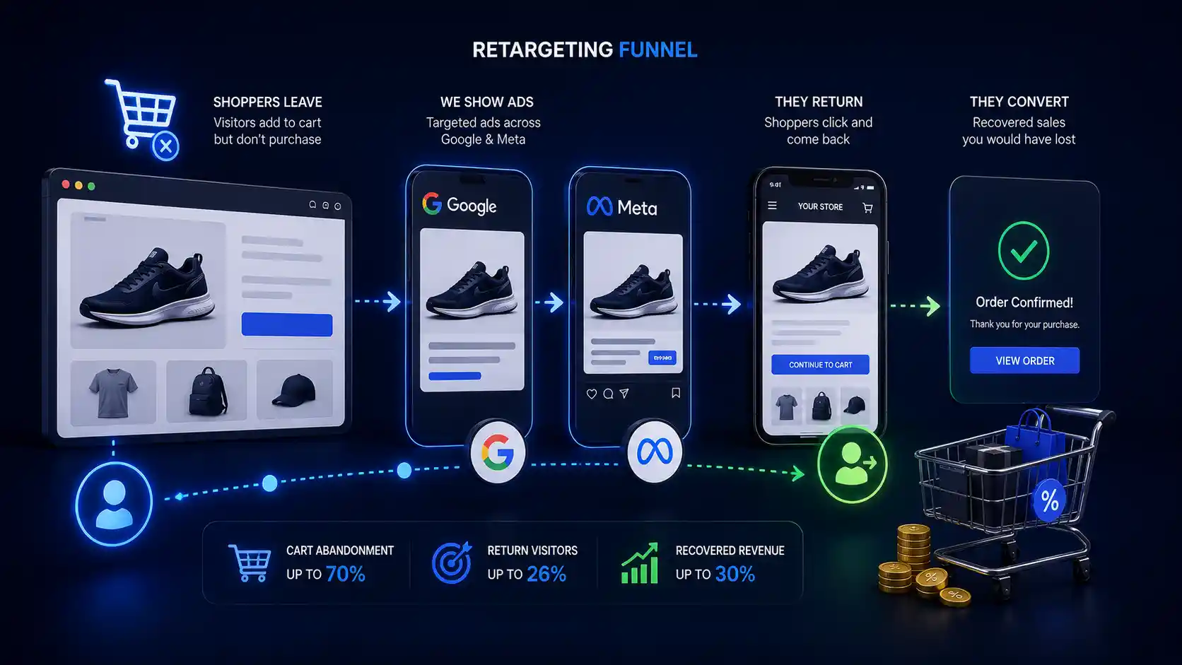 Retargeting funnel diagram showing a shopper who abandoned their cart being brought back through Google and Meta ads to complete checkout