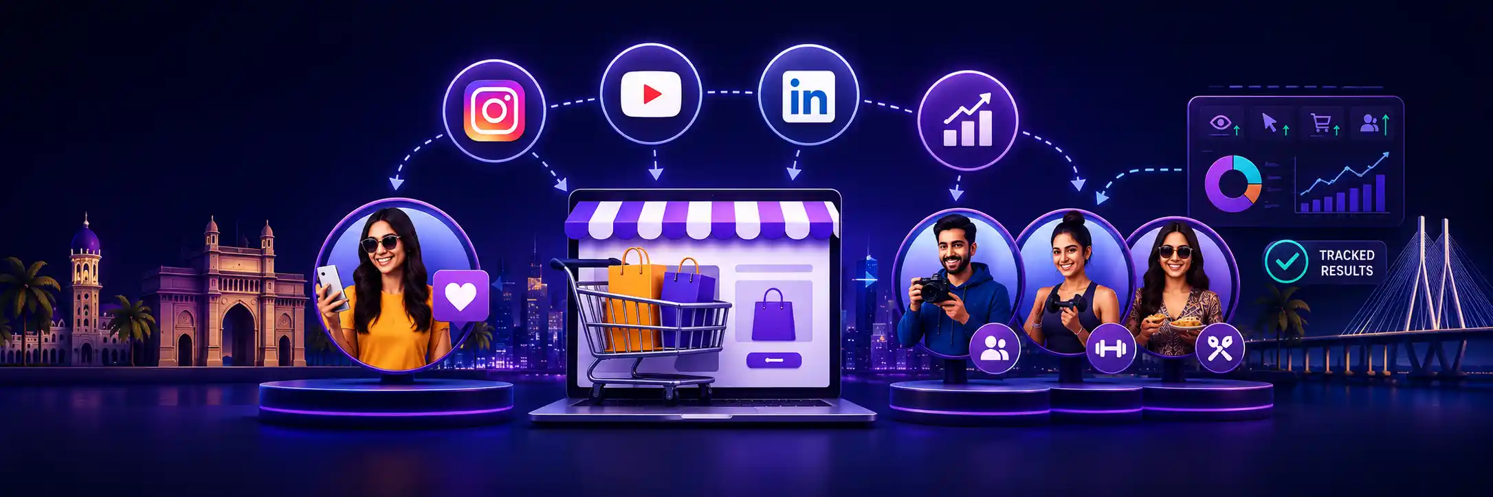 Influencer marketing agency in Mumbai — creators posting across Instagram, YouTube and LinkedIn driving traffic to an online store, with tracked campaign results and the Gateway of India skyline in the background