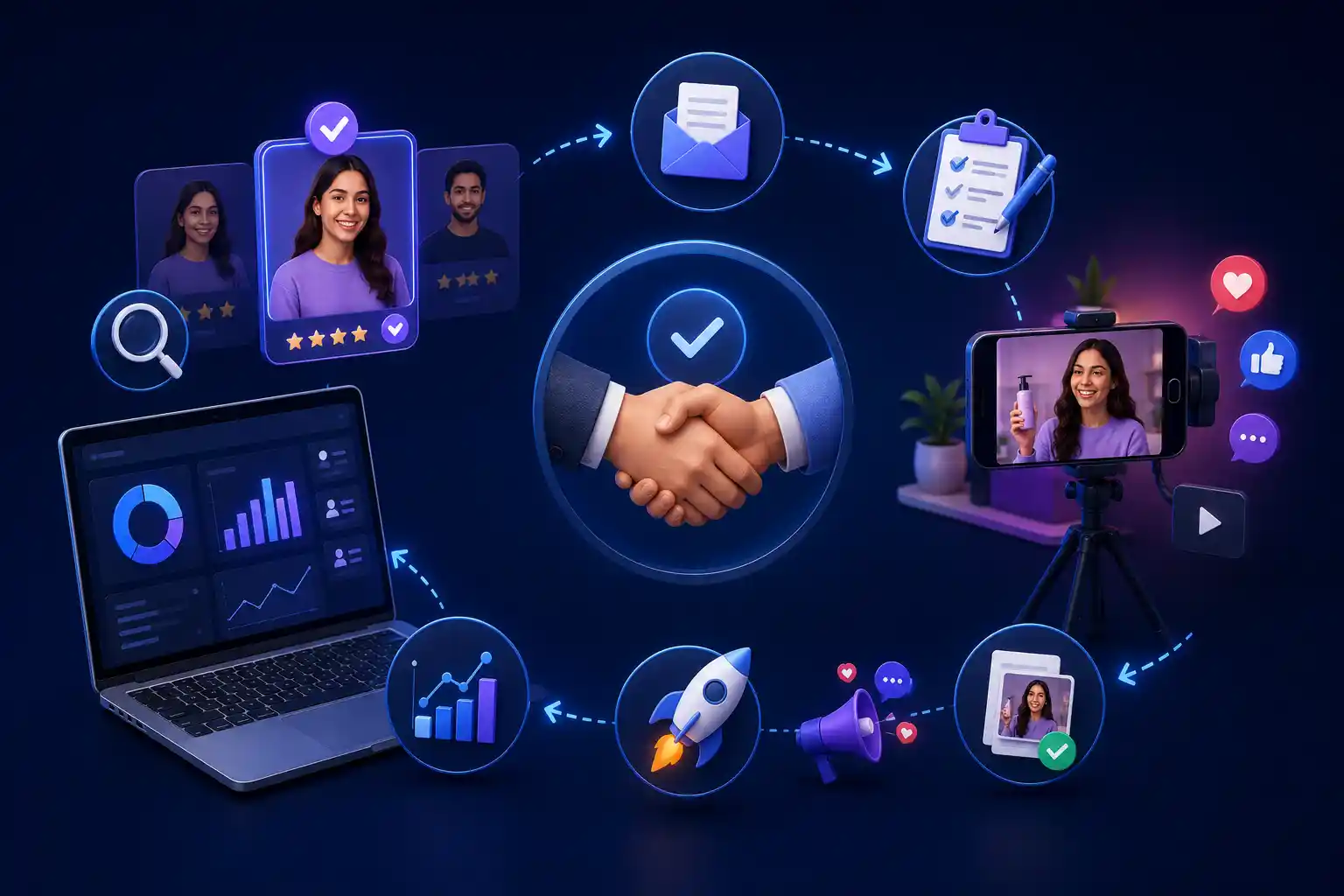 Influencer marketing agency workflow showing outreach, briefing, content creation, campaign launch and performance reporting