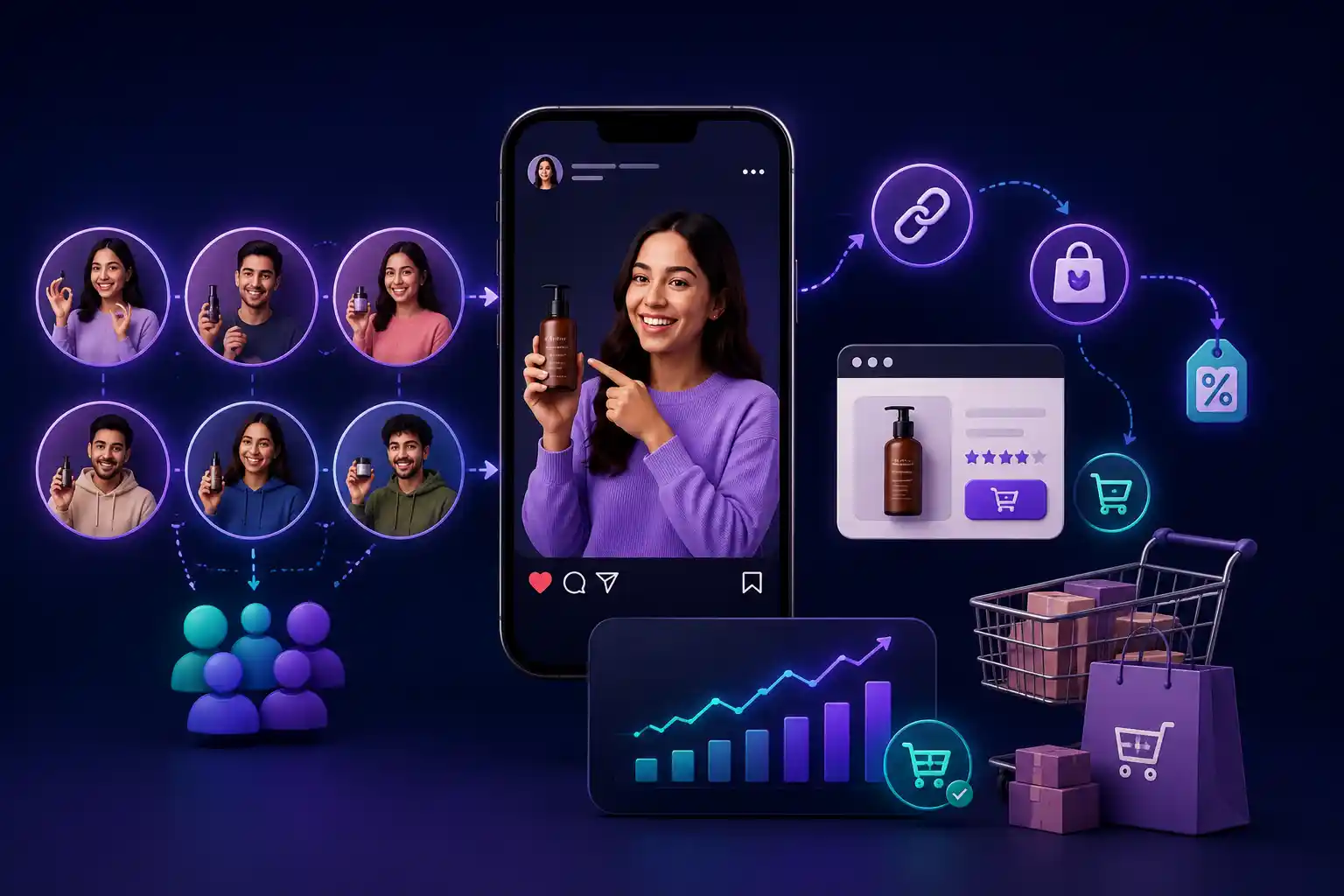 Creator content driving traffic from an Instagram post to a product page, shopping cart and checkout with a promo code