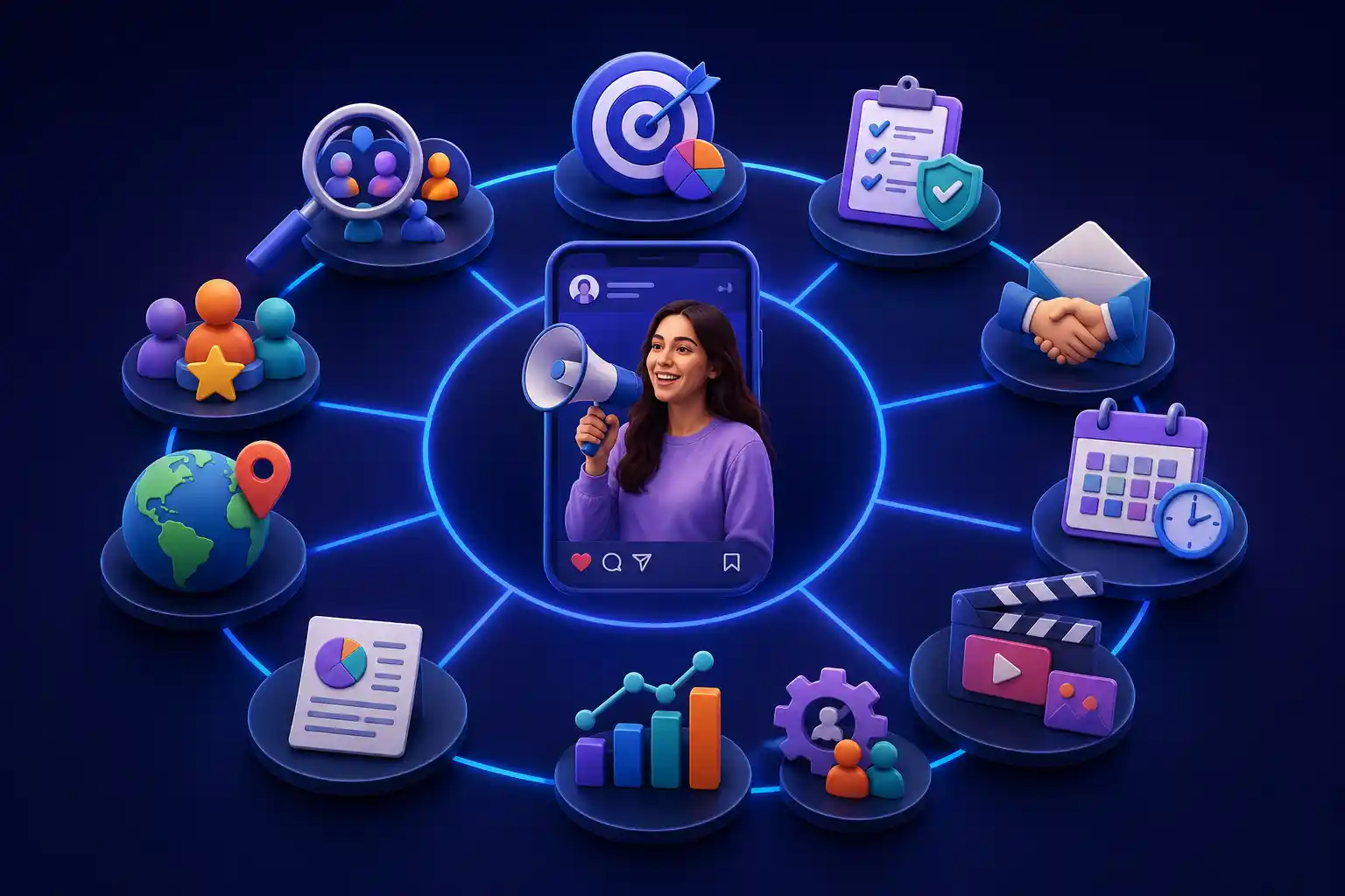 Full influencer marketing service circle showing audience research, strategy, content creation, scheduling, outreach and performance reporting around a creator