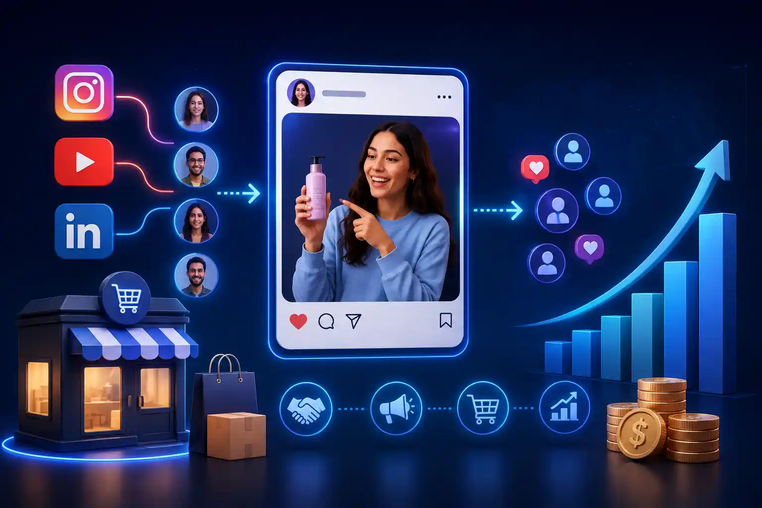 Influencer marketing illustration showing a creator recommending a product across Instagram, YouTube and LinkedIn to a growing, engaged audience