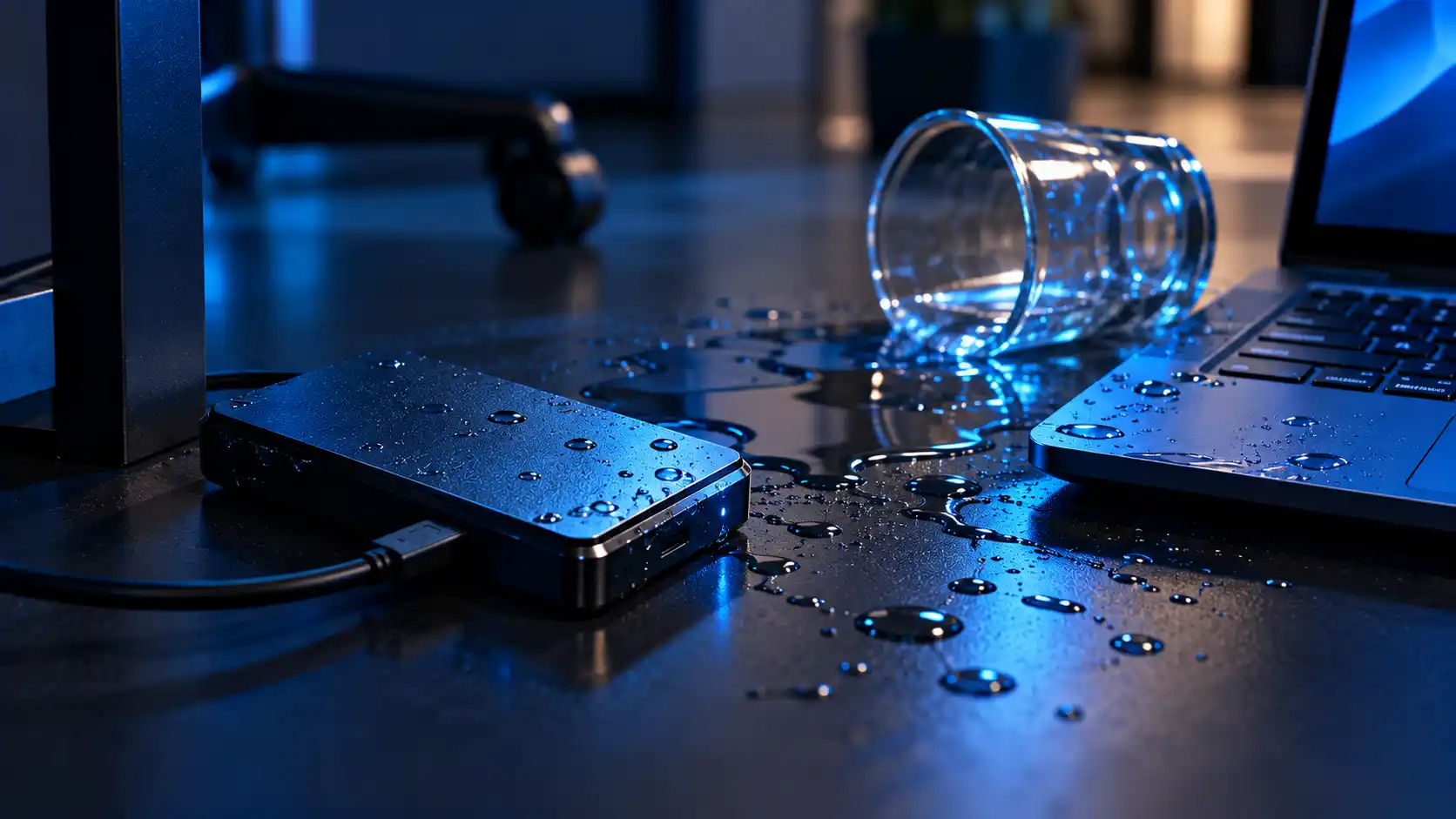Water spilled beside an external drive and laptop, showing liquid damage, a common cause of data loss during Mumbai monsoons — data recovery in Mumbai