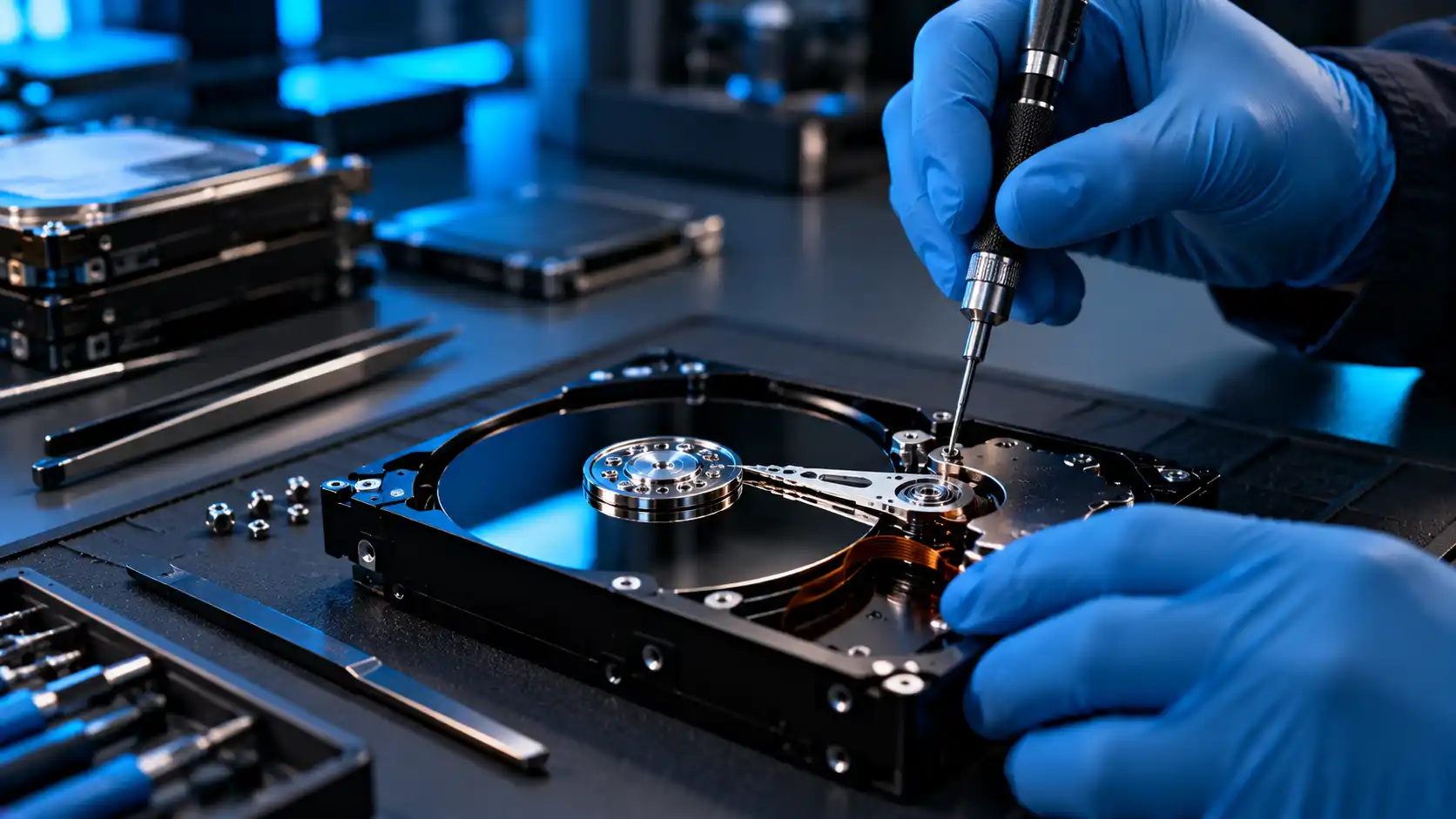 Technician carefully repairing an open hard drive during professional data recovery in Goregaon