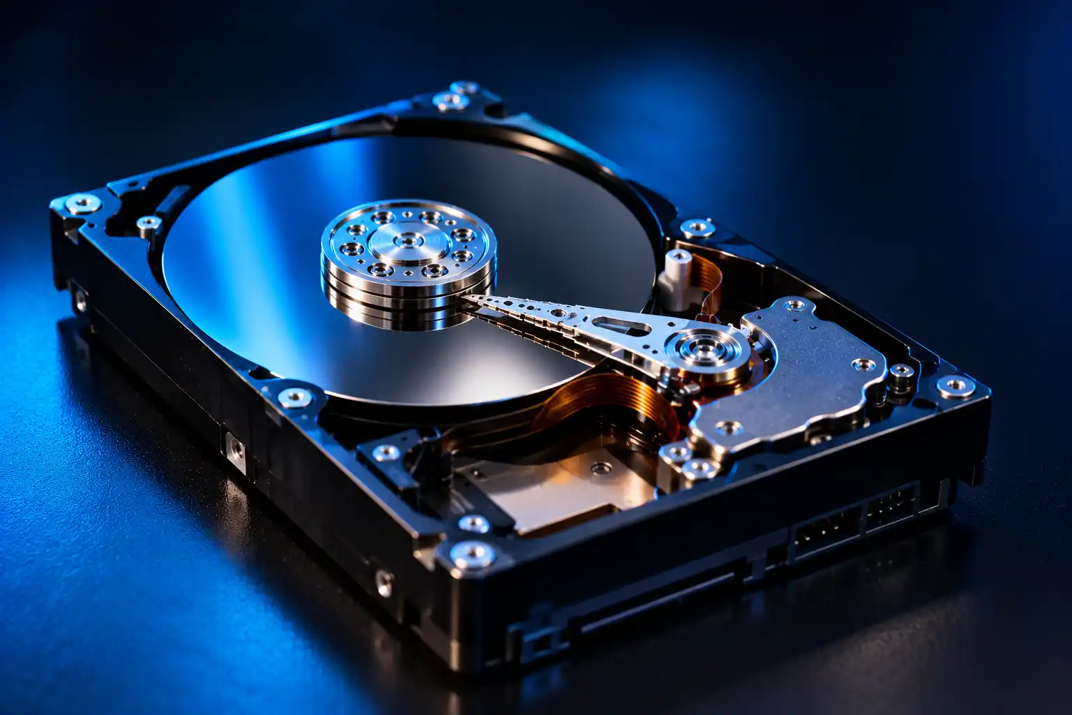 Opened hard drive with platters and read/write head — hard drive recovery in Goregaon