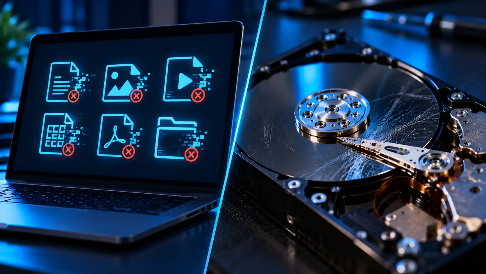 Logical data loss on a laptop compared with physical damage inside a hard drive — data recovery in Powai