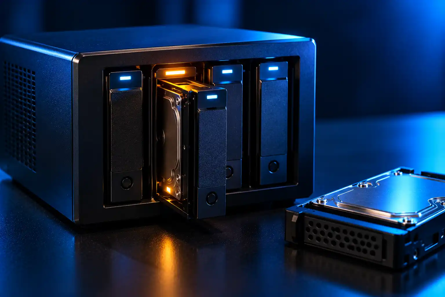 RAID NAS enclosure with a drive bay removed — RAID and server recovery in Goregaon