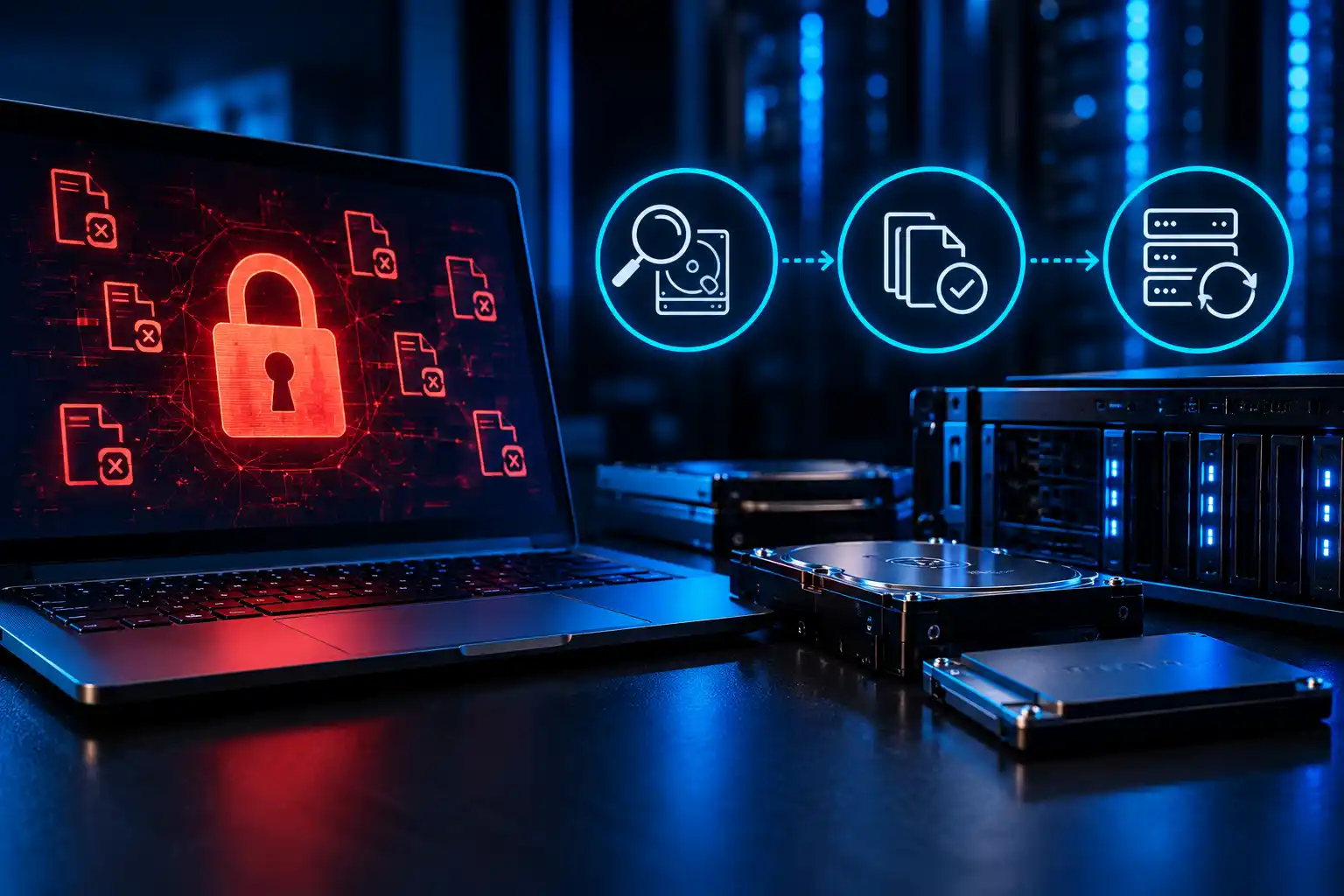 Ransomware-encrypted laptop with locked files beside hard drives and a server, with an assess, recover and restore workflow for ransomware data recovery