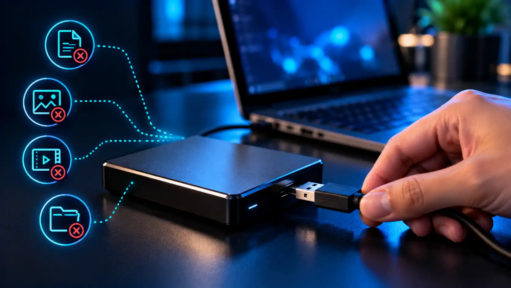 External drive plugged into a laptop with lost document, photo and video icons — data recovery in Goregaon