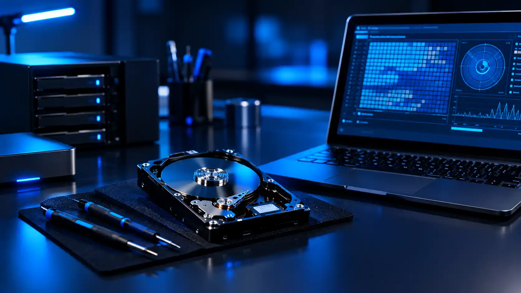 Opened hard drive beside a laptop running a diagnostic scan — diagnosis-first data recovery in Navi Mumbai