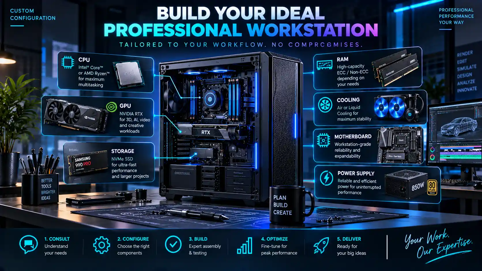 Custom workstation configuration components: CPU, GPU, RAM, storage, cooling, motherboard and power supply