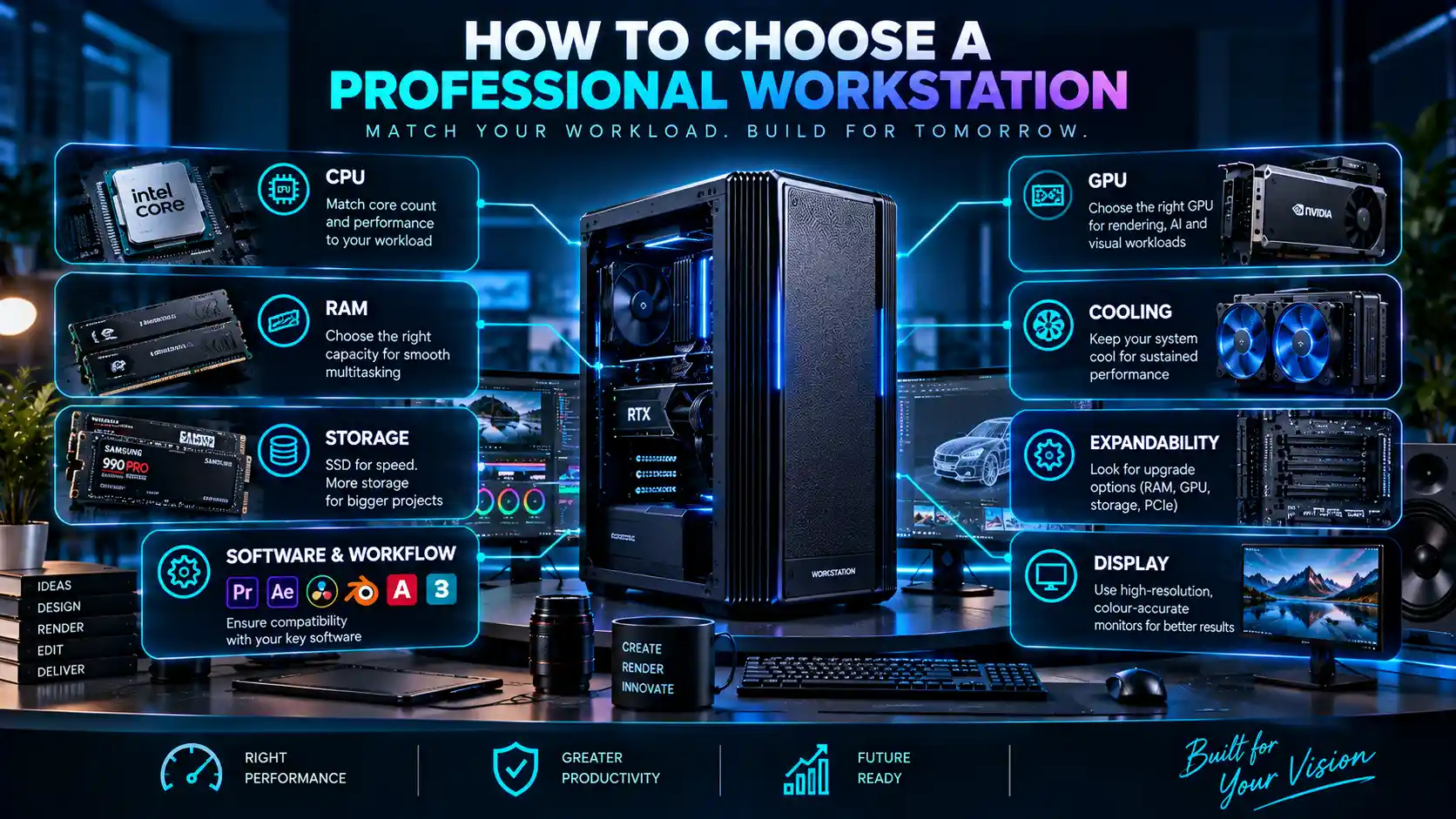 How to choose a professional workstation: CPU, GPU, RAM, storage, cooling, expandability and display requirements