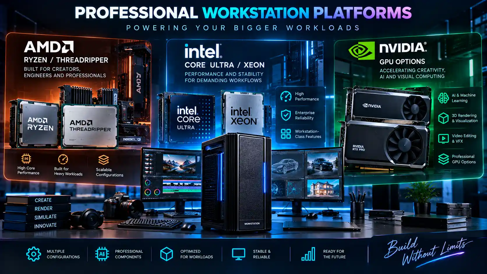 AMD Ryzen and Threadripper, Intel Core Ultra and Xeon, and NVIDIA GPU platform options for professional workstations