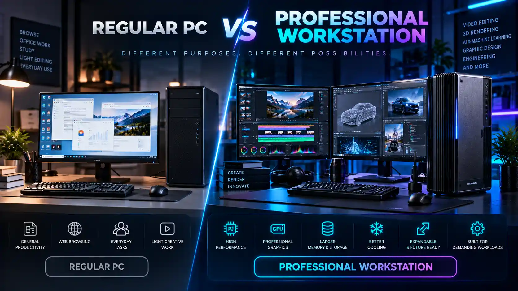 Comparison of a regular PC and a professional workstation for video editing, 3D rendering, AI and engineering workloads