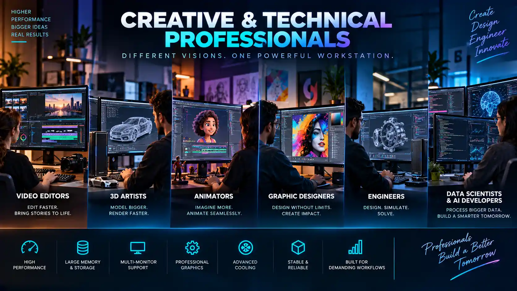 Professional workstations used by video editors, 3D artists, animators, graphic designers, engineers and AI developers