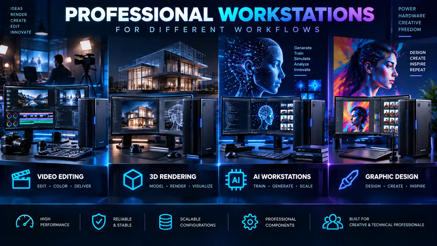 Professional workstations configured for video editing, 3D rendering, AI workstations and graphic design workflows