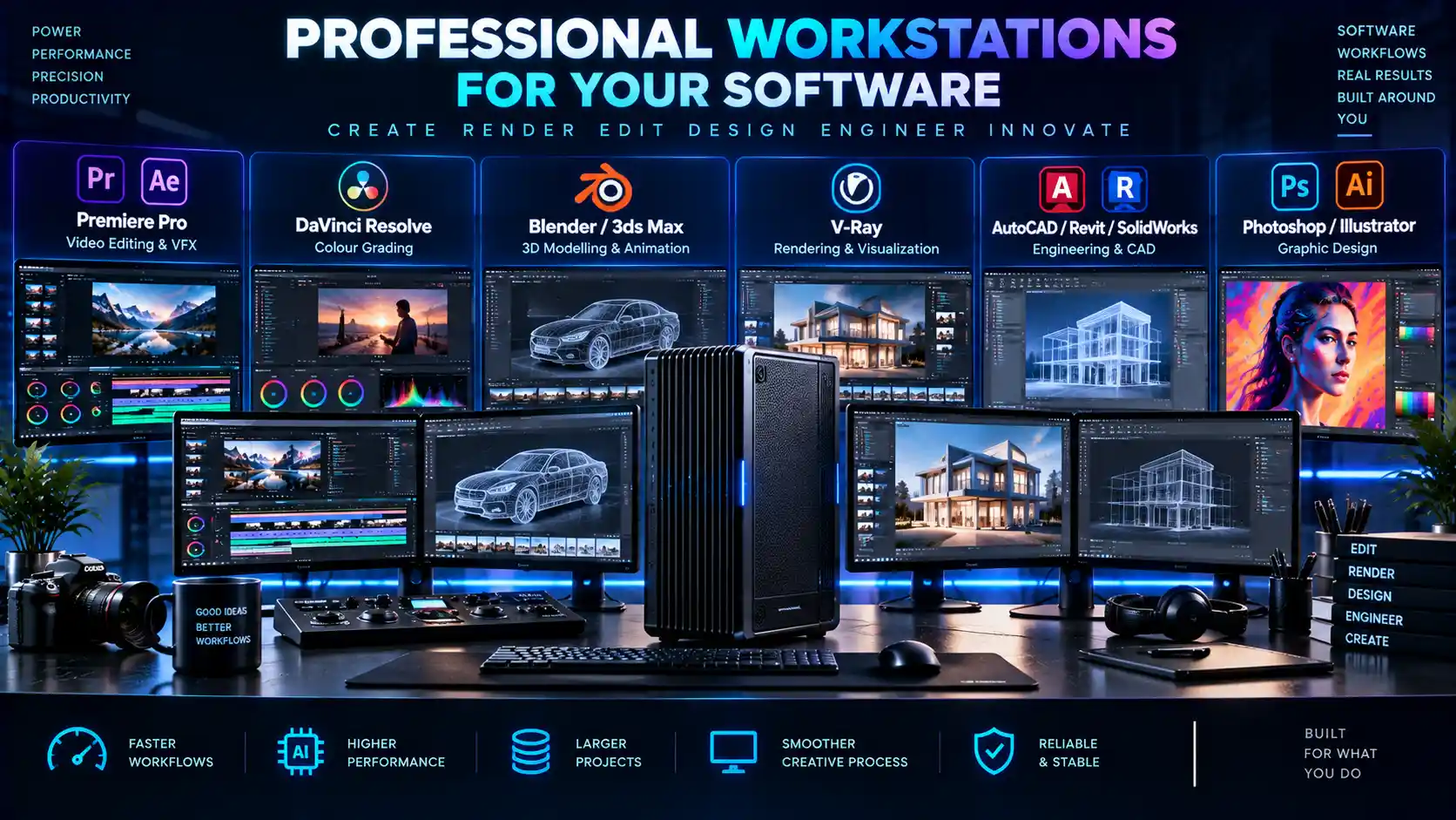 Professional workstations configured for Premiere Pro, DaVinci Resolve, Blender, V-Ray, AutoCAD and Photoshop