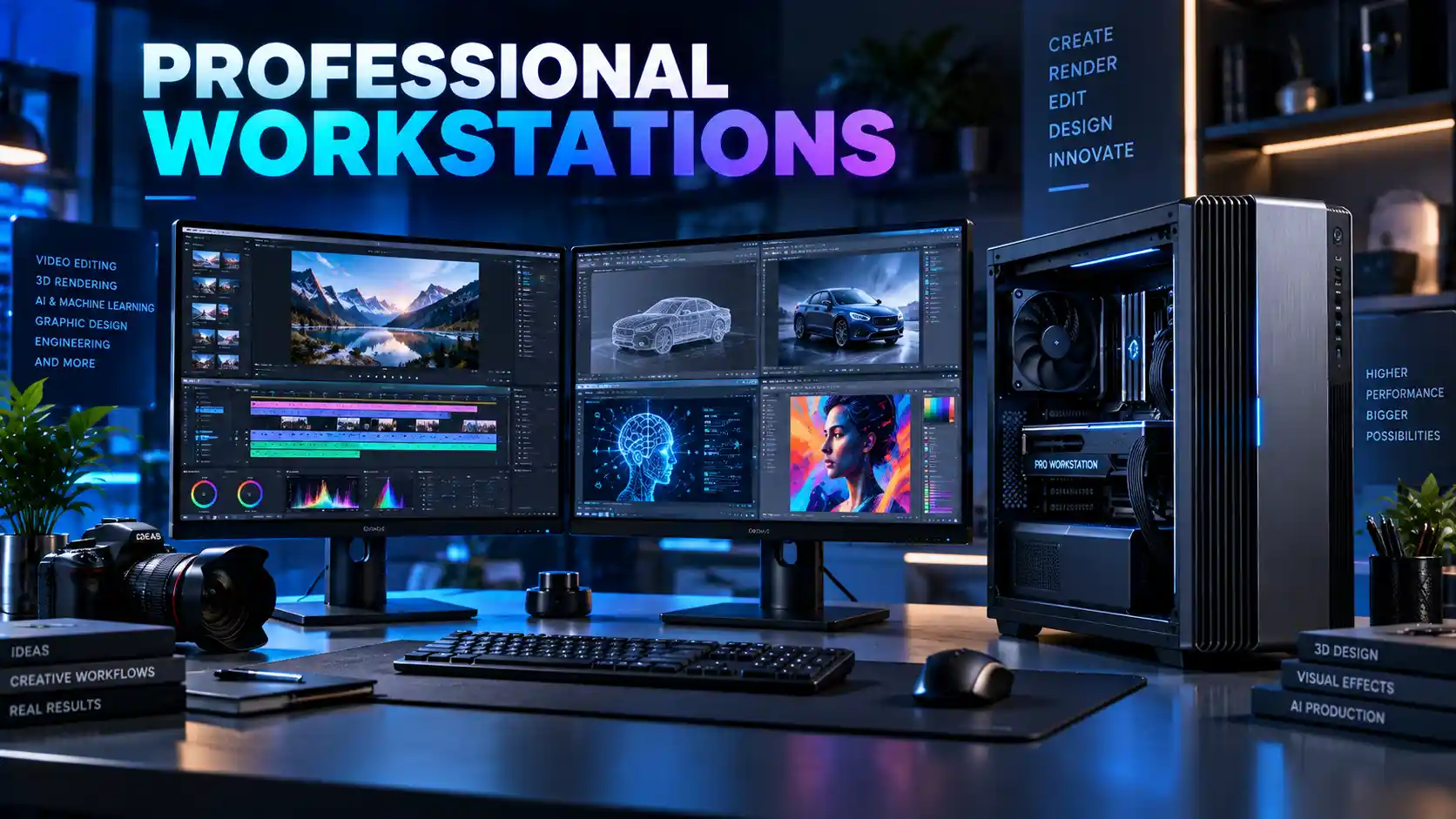 Professional workstation PC configured for video editing, 3D rendering, AI and graphic design workflows