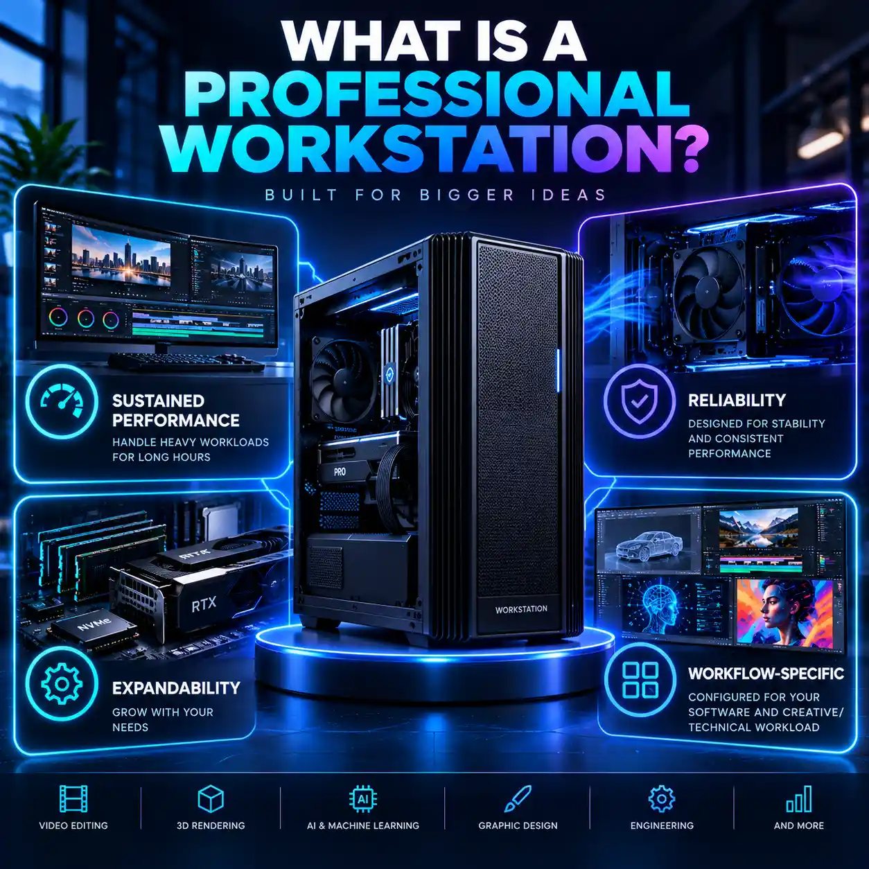 Key traits of a professional workstation: sustained performance, reliability, expandability and workflow-specific configuration